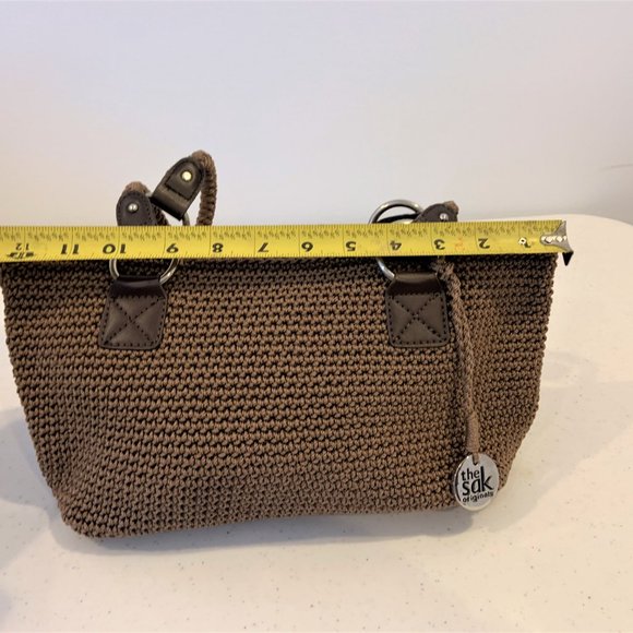 Saks Taupe Brown Crochet Shoulder Bag Tote - Picture 6 of 14